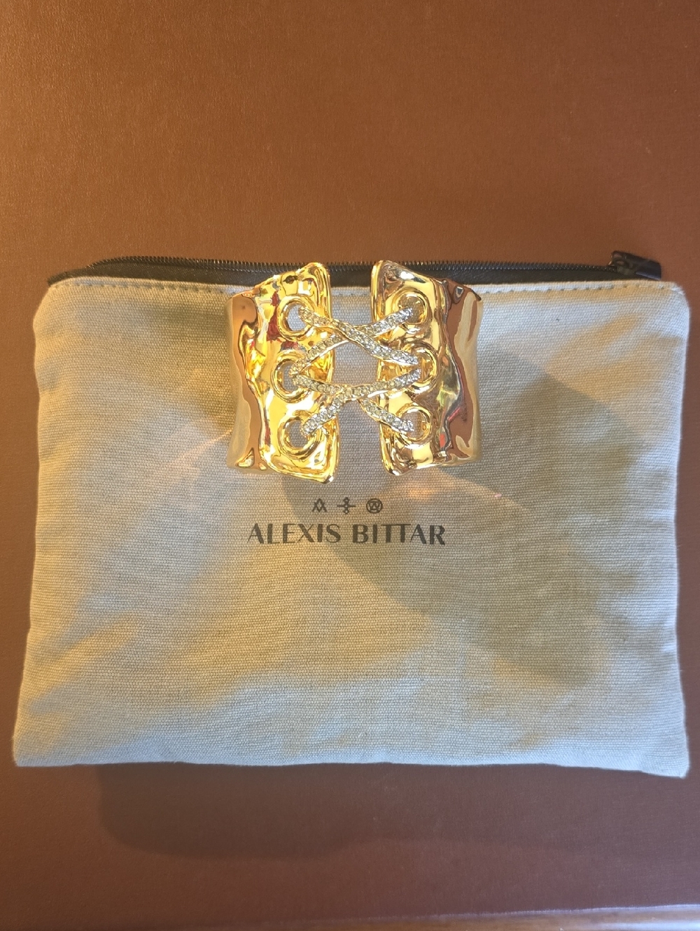 Alexis Bittar Wide Cuff With Gold Tone Crisscross Embelished Laces